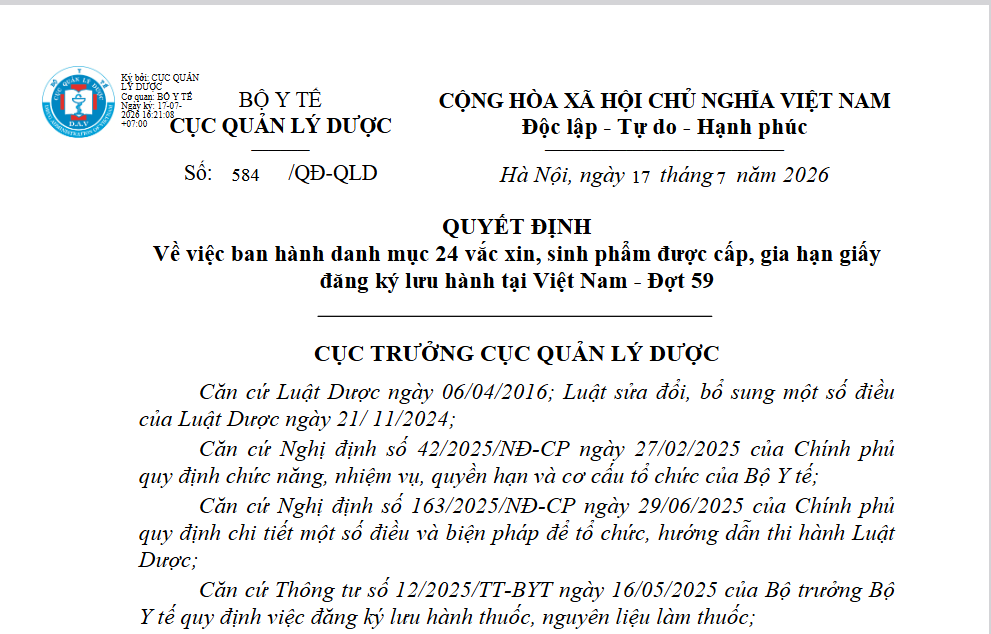 QUYẾT ĐỊNH  Về việc ban hành danh mục 24 vắc xin, sinh phẩm được cấp, gia hạn giấy  đăng ký lưu hành tại Việt Nam - Đợt 59