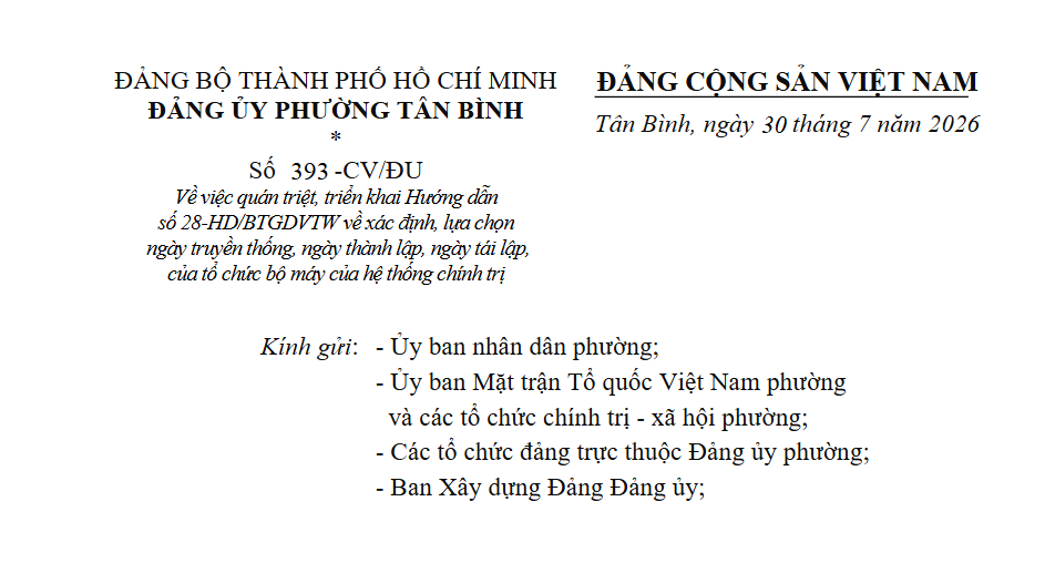 Về việc quán triệt, triển khai Hướng dẫn số 28-HD/BTGDVTW về xác định, lựa chọn ngày truyền thống, ngày thành lập, ngày tái lập, của tổ chức bộ máy của hệ thống chính trị