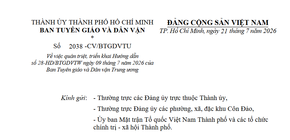 Về việc quán triệt, triển khai Hướng dẫn số 28-HD/BTGDVTW ngày 09 tháng 7 năm 2026 của Ban Tuyên giáo và Dân vận Trung ương