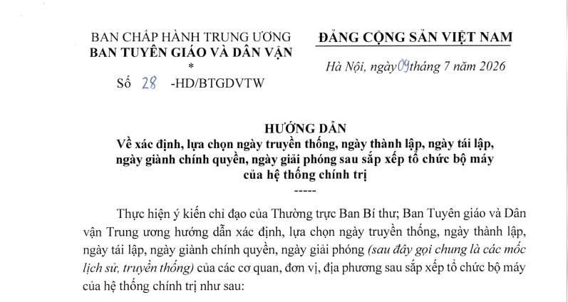 Hướng dẫn số 28 của Ban Tuyên Giáo Và Dân Vận Trung Ương ngày 09/7/2026