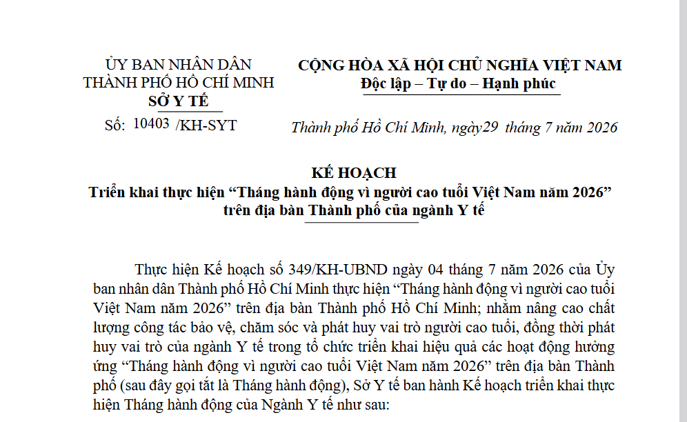 KẾ HOẠCH  Triển khai thực hiện “Tháng hành động vì người cao tuổi Việt Nam năm 2026”  trên địa bàn Thành phố của ngành Y tế