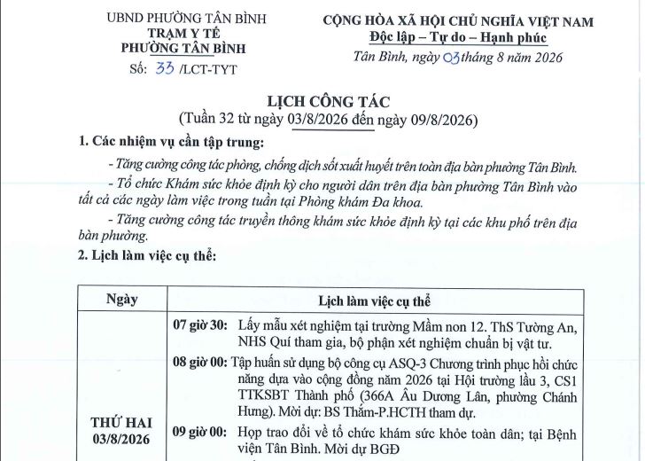 Lịch công tác tuần 32 (từ ngày 3/8/2026 đến ngày 9/8/2026)