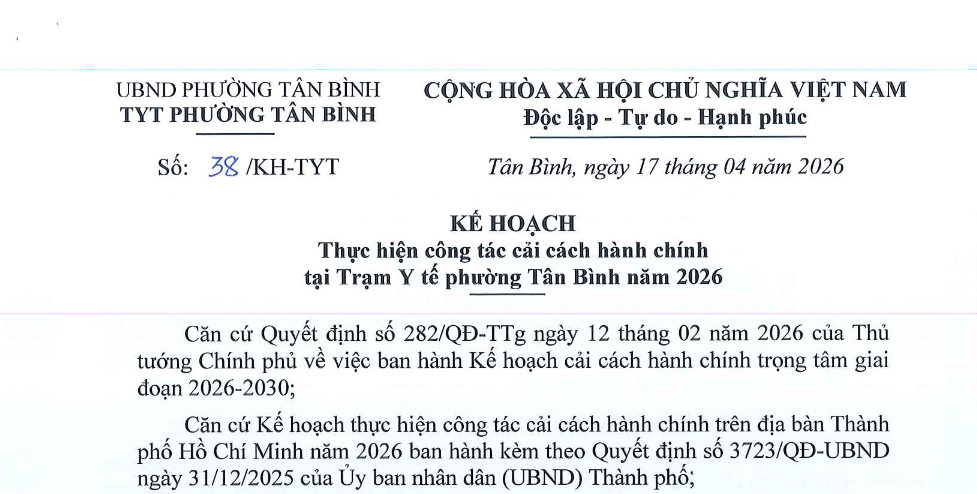 Kế hoạch thực hiện công tác cải cách hành chính tại Trạm Y tế phường Tân Bình
