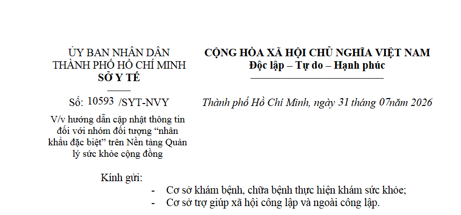 V/v hướng dẫn cập nhật thông tin đối với nhóm đối tượng “nhân khẩu đặc biệt” trên Nền tảng Quản lý sức khỏe cộng đồng