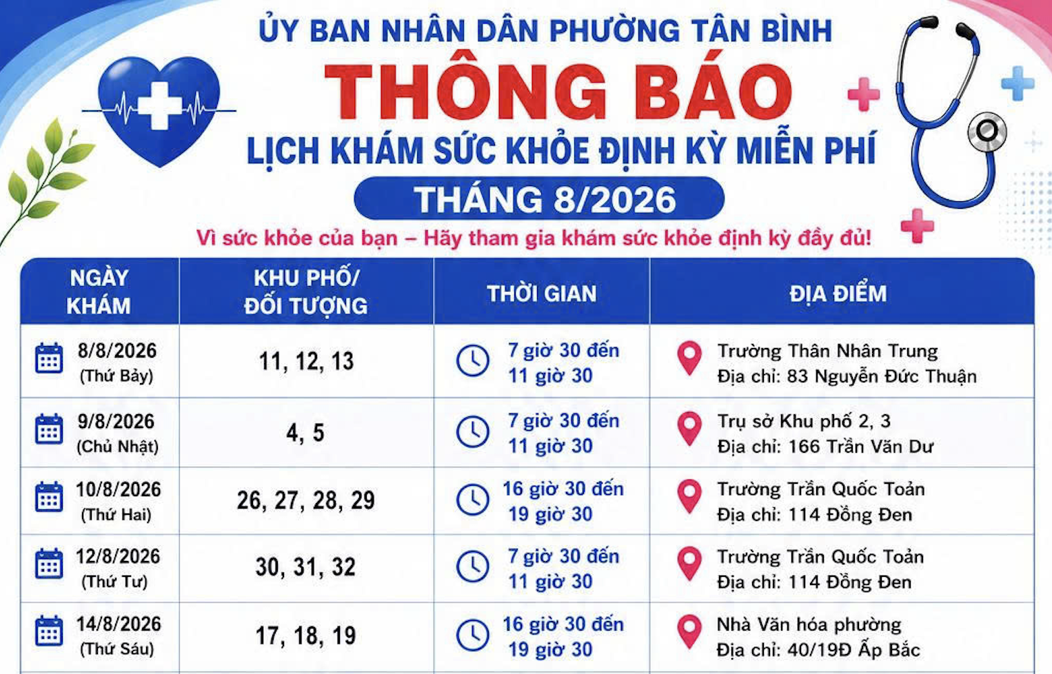 CHƯƠNG TRÌNH KHÁM SỨC KHỎE ĐỊNH KỲ MIỄN PHÍ THÁNG 8 NĂM 2026