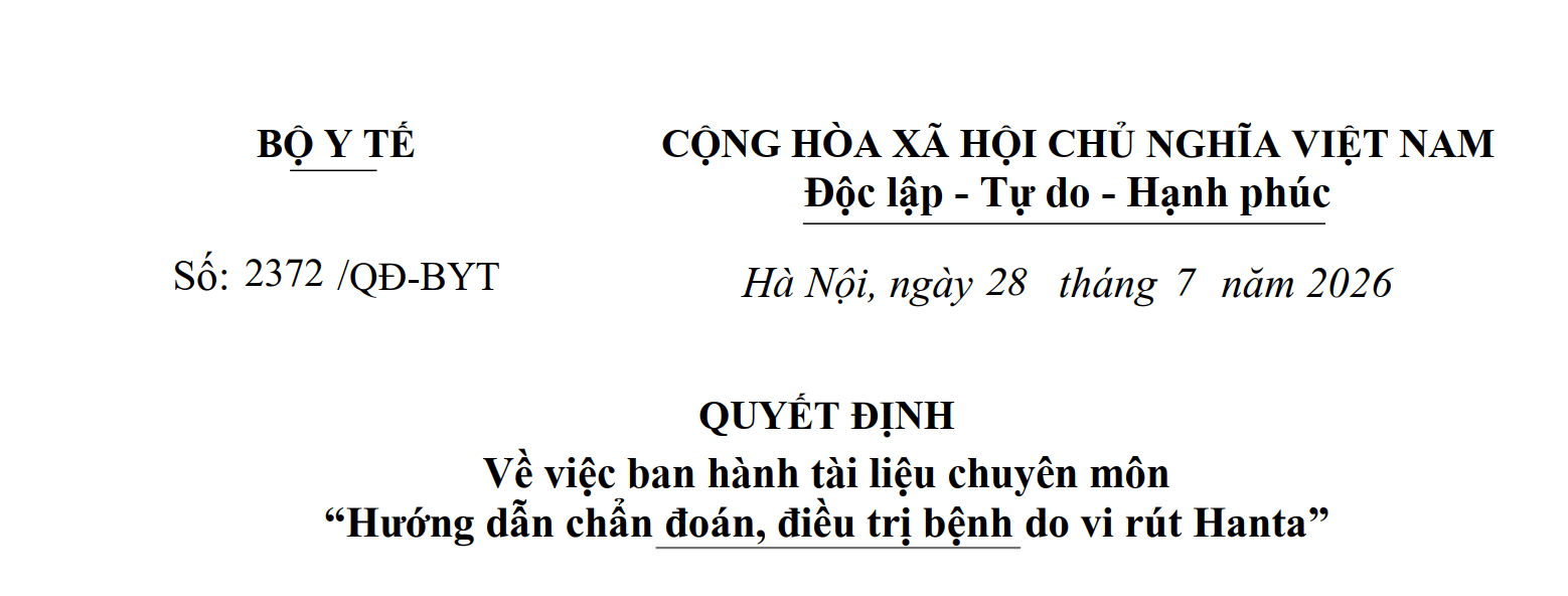 Quyết định ban hành tài liệu chuyên môn "Hướng dẫn chẩn đoán, điều trị bệnh do vi rút Hanta"