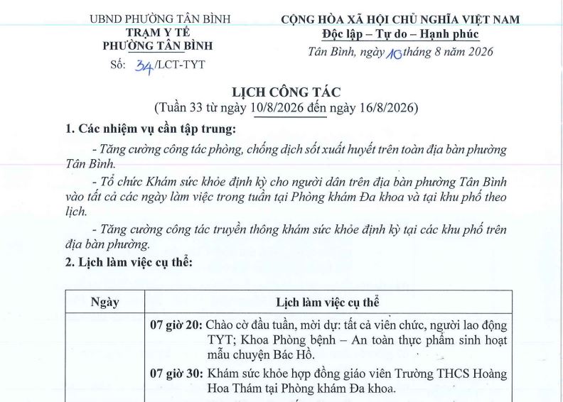 Lịch công tác tuần 33 (từ ngày 10-8-2026 đến ngày 16-8-2026)