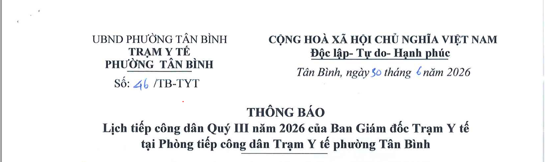Thông báo lịch tiếp công dân quý III của Ban Giám đốc Trạm Y tế tại phòng tiếp công dân Trạm Y tế phường