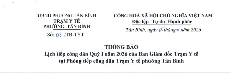 Thông báo lịch tiếp công dân Quí I của Ban Giám đốc tại phòng tiếp công dân Trạm Y tế phường