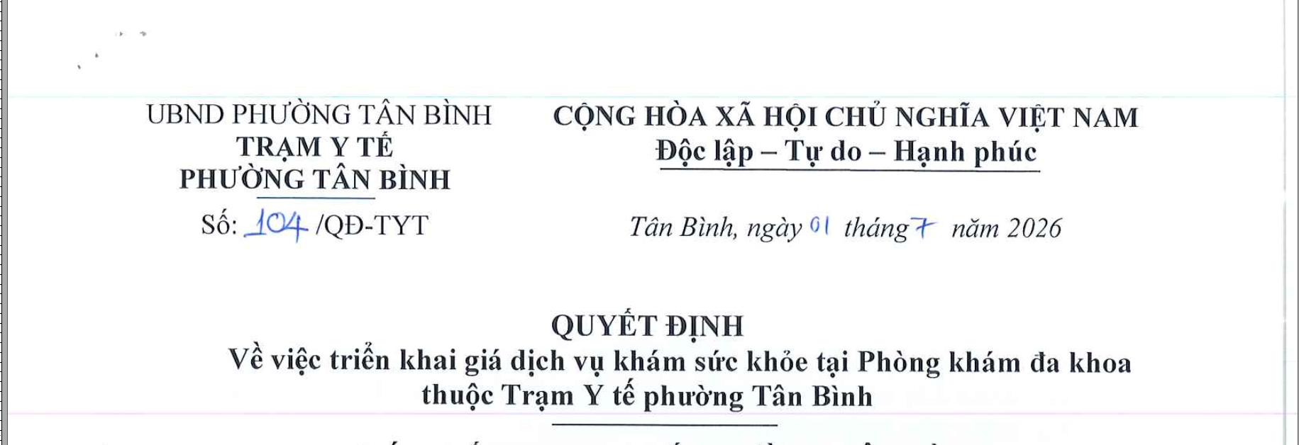 104 QĐ-TYT Quyết định triển khai giá dịch vụ khám sức khỏe tại Phòng khám đa khoa thuộc Trạm y tế phường Tân Bình