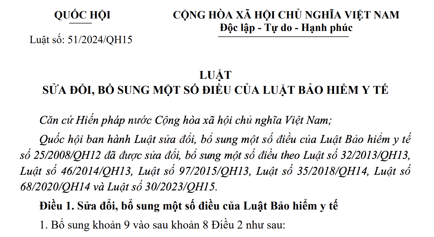 LUẬT SỐ 51/2024/QH15 LUẬT SỬA ĐỔI, BỔ SUNG MỘT SỐ ĐIỀU CỦA LUẬT BẢO HIỂM Y TẾ