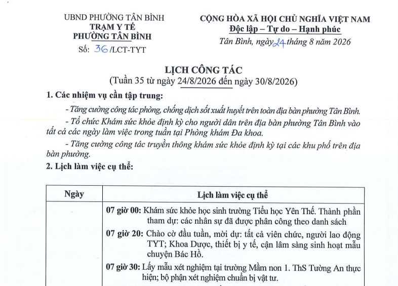 Lịch công tác tuần 35 (từ ngày 24-8-2026 đến ngày 30-8-2026)