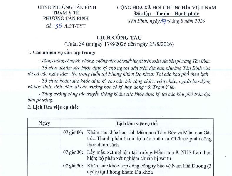 Lịch công tác tuần 34 (từ ngày 17-8-2026 đến ngày 23-8-2026)