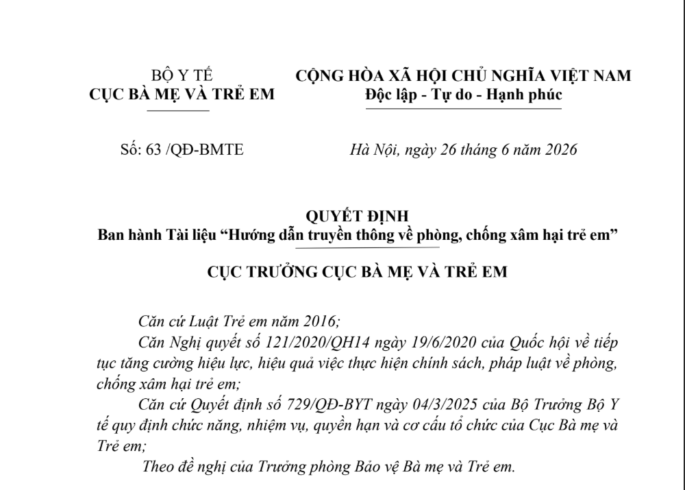 QUYẾT ĐỊNH ban hành tài liệu " Hướng dẫn truyền thông về phòng, chống xâm hại trẻ em"