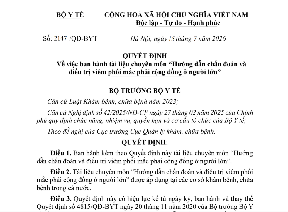 QUYẾT ĐỊNH ban hành tài liệu chuyên môn "Hướng dẫn chuẩn đoán và điều trị viêm phổi mắc phải cộng ở người lớn "
