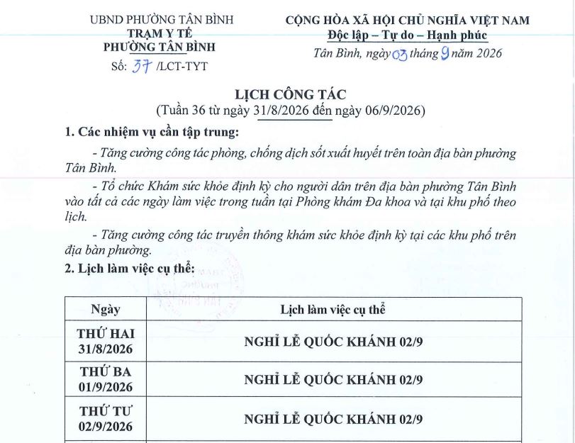 Lịch công tác tuần 36 (từ ngày 31/8/2026 đến ngày 6/9/2026)