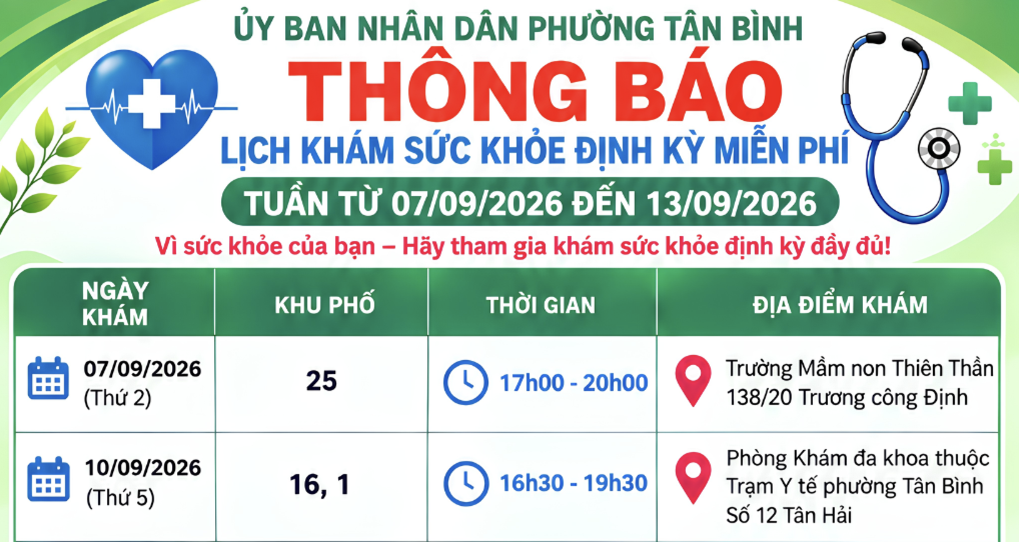 UBND PHƯỜNG TÂN BÌNH THÔNG BÁO LỊCH KHÁM SỨC KHOẺ ĐỊNH KỲ MIỄN PHÍ TUẦN TỪ 07/9/2026 ĐẾN 13/9/2026
