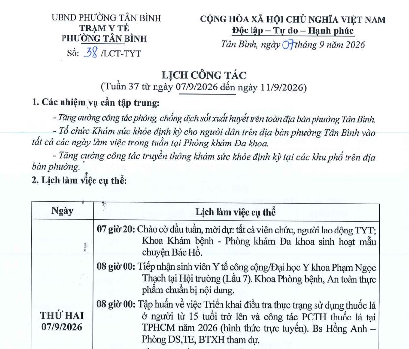 Lịch công tác tuần 37 (từ ngày 07-9-2026 đến ngày 11-9-2026)