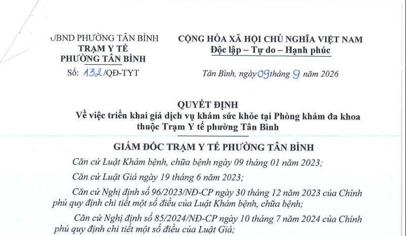 Quyết định triển khai giá dịch vụ khám sức khỏe tại Phòng khám đa khoa thuộc Trạm y tế phường Tân Bình