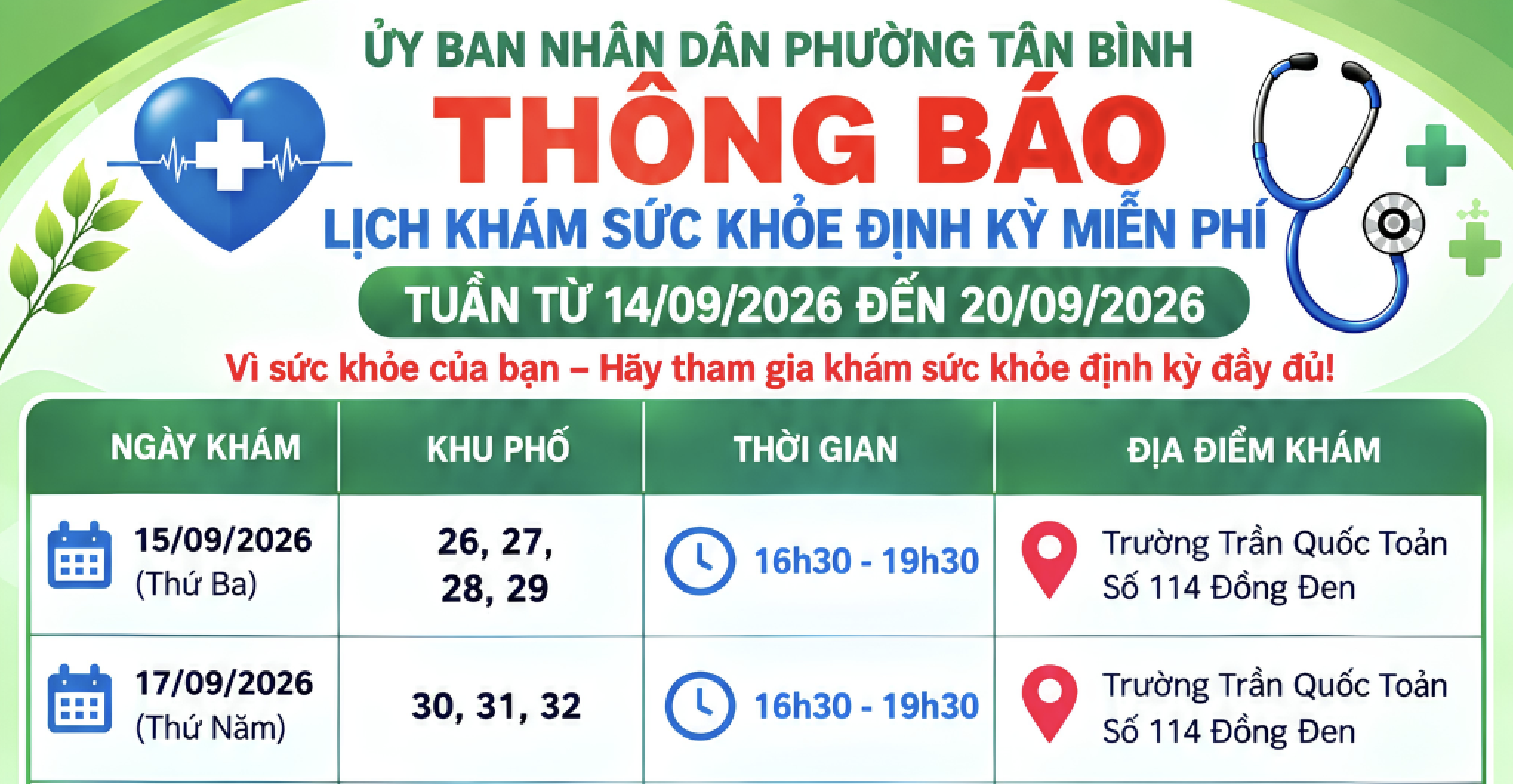 PHƯỜNG TÂN BÌNH THÔNG BÁO LỊCH KHÁM SỨC KHOẺ ĐỊNH KỲ MIỄN PHÍ TUẦN TỪ 14/9/2026 ĐẾN 20/9/2026