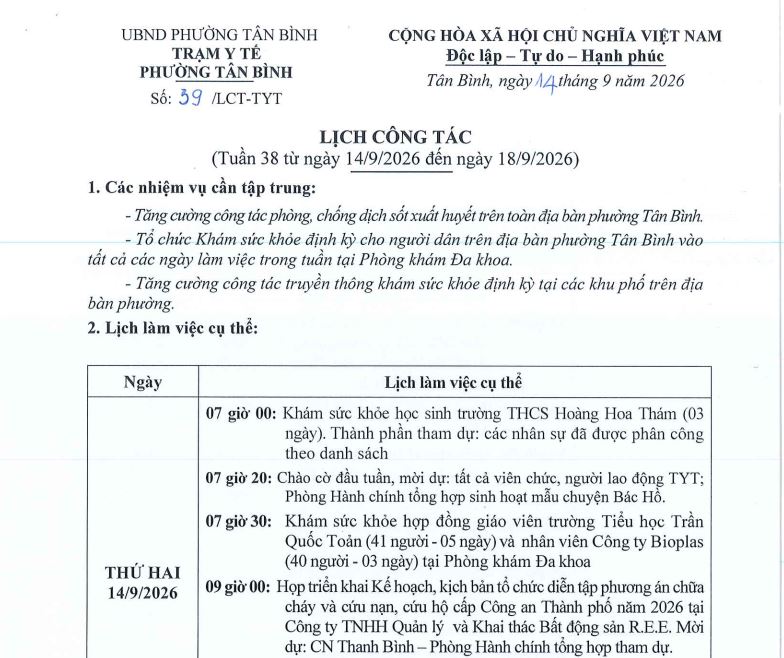 Lịch công tác tuần 38 (từ ngày 14/9/2026 đến ngày 18/9/2026)