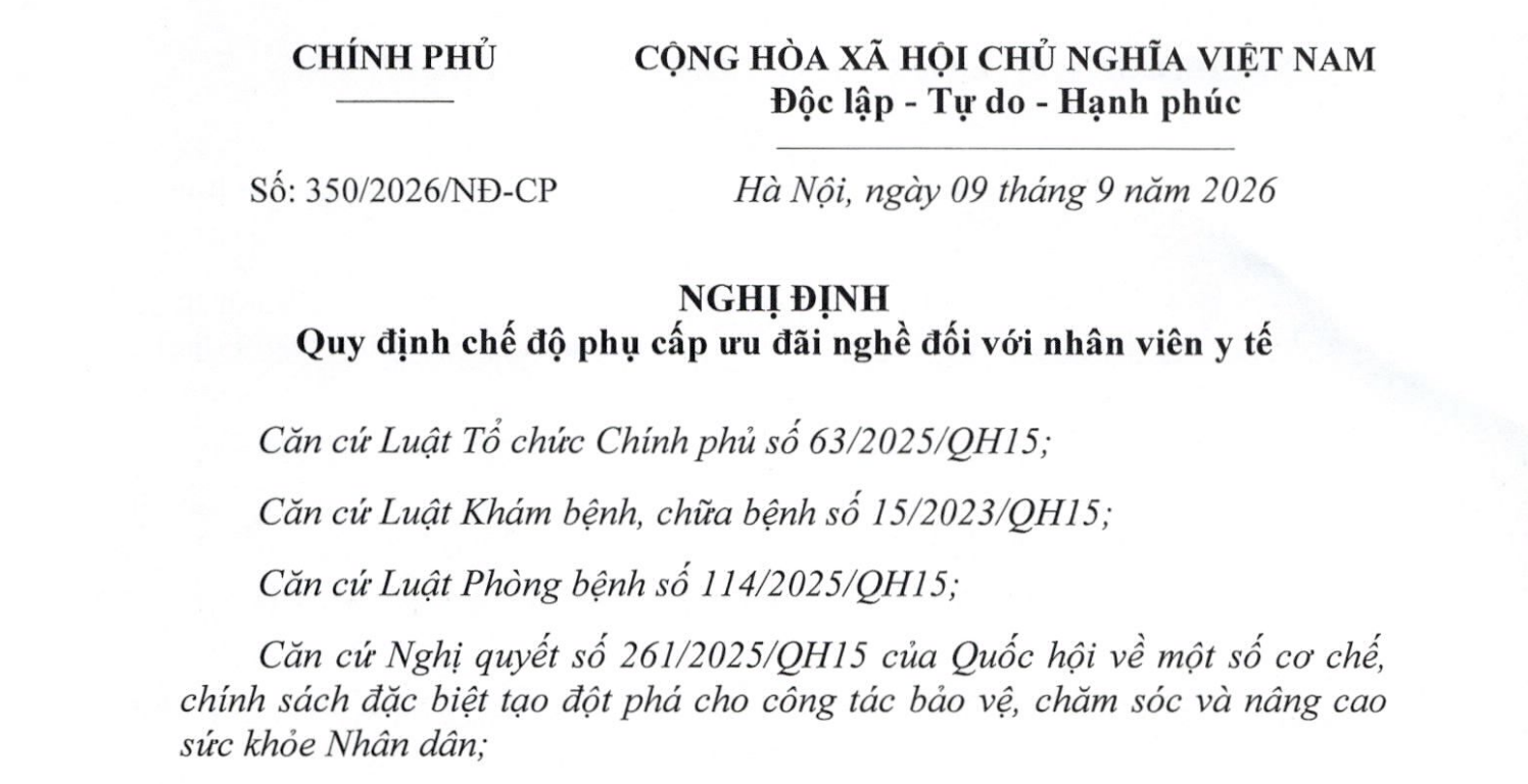 NĐ 350/2026/NĐ-CP quy định chế độ phụ cấp ưu đãi nghề đối với nhân viên y tế
