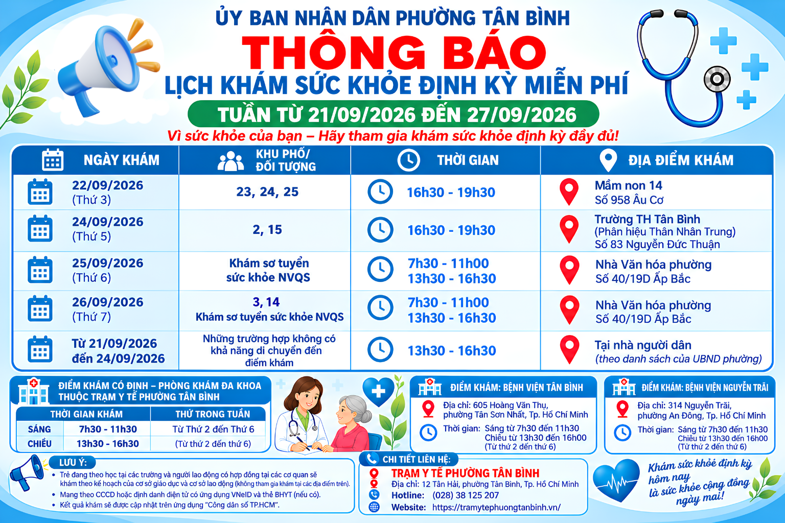 PHƯỜNG TÂN BÌNH THÔNG BÁO LỊCH KHÁM SỨC KHOẺ ĐỊNH KỲ MIỄN PHÍ TUẦN TỪ 21/9/2026 ĐẾN 27/9/2026
