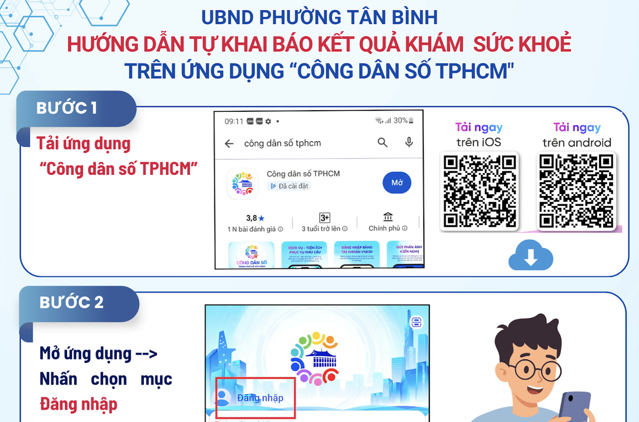 HƯỚNG DẪN TỰ KHAI BÁO KẾT QUẢ KHÁM SỨC KHOẺ TRÊN ỨNG DỤNG "CÔNG DÂN SỐ TP.HCM"