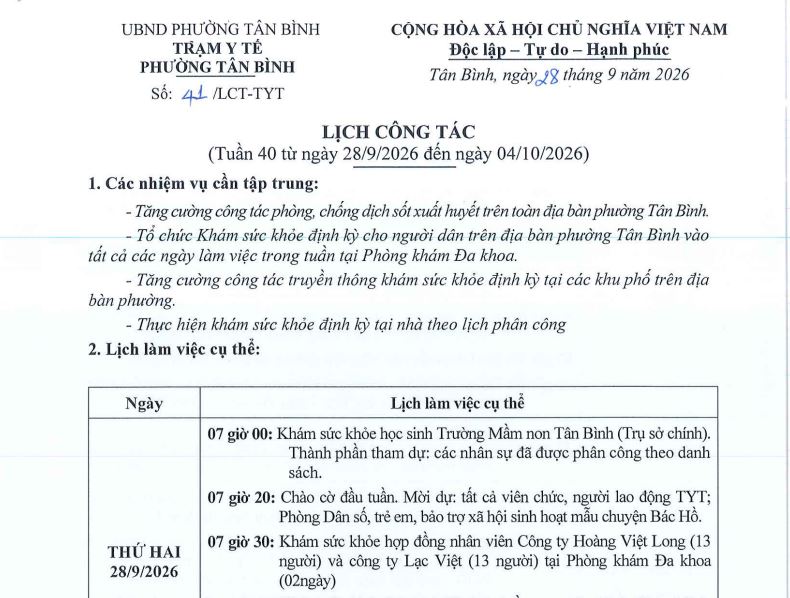 Lịch công tác tuần 40 (từ ngày 28-9-2026 đến ngày 04-10-2026)