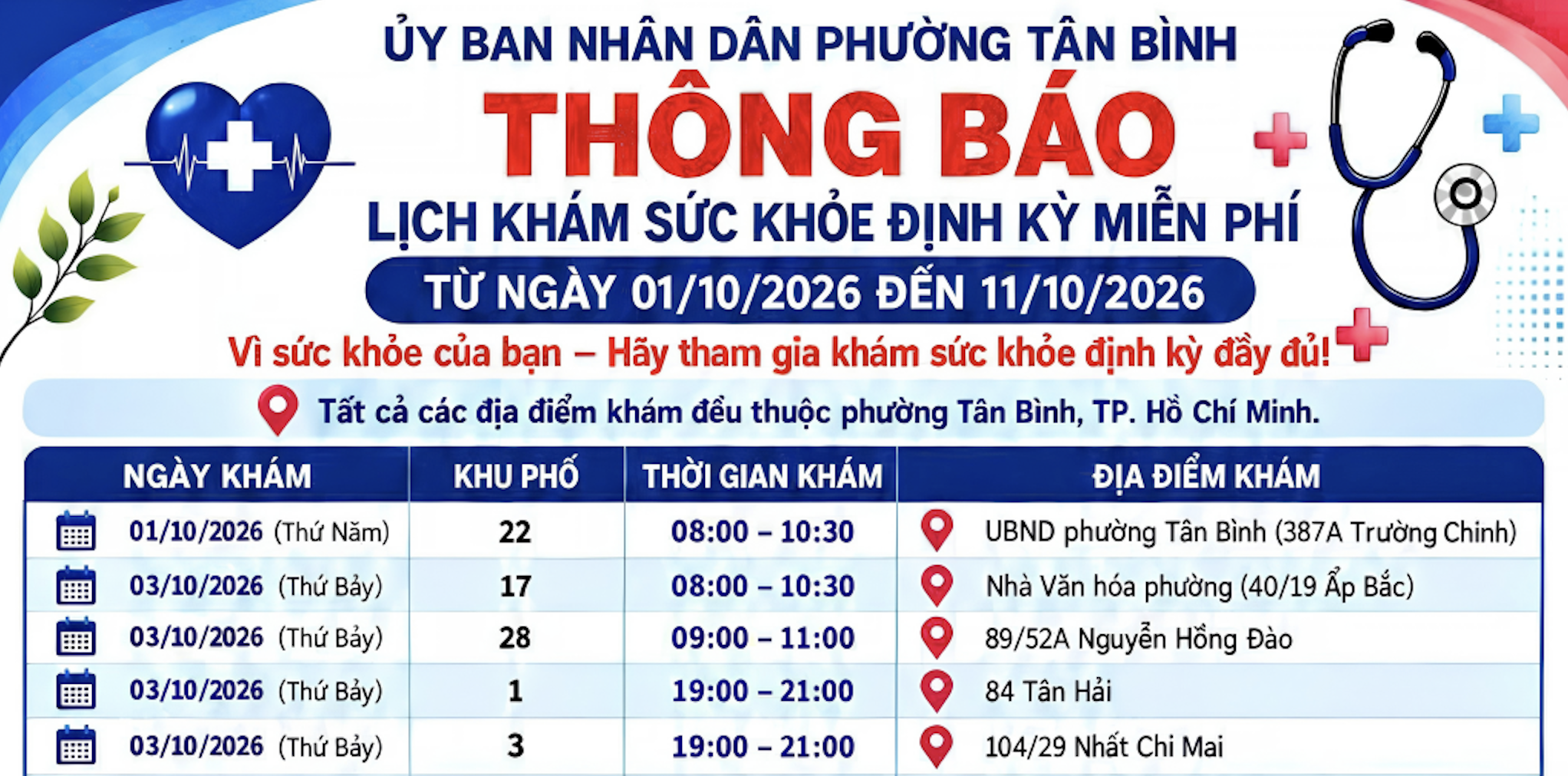 PHƯỜNG TÂN BÌNH THÔNG BÁO LỊCH KHÁM SỨC KHOẺ ĐỊNH KỲ MIỄN PHÍ TUẦN TỪ 01/10/2026 ĐẾN 11/10/2026