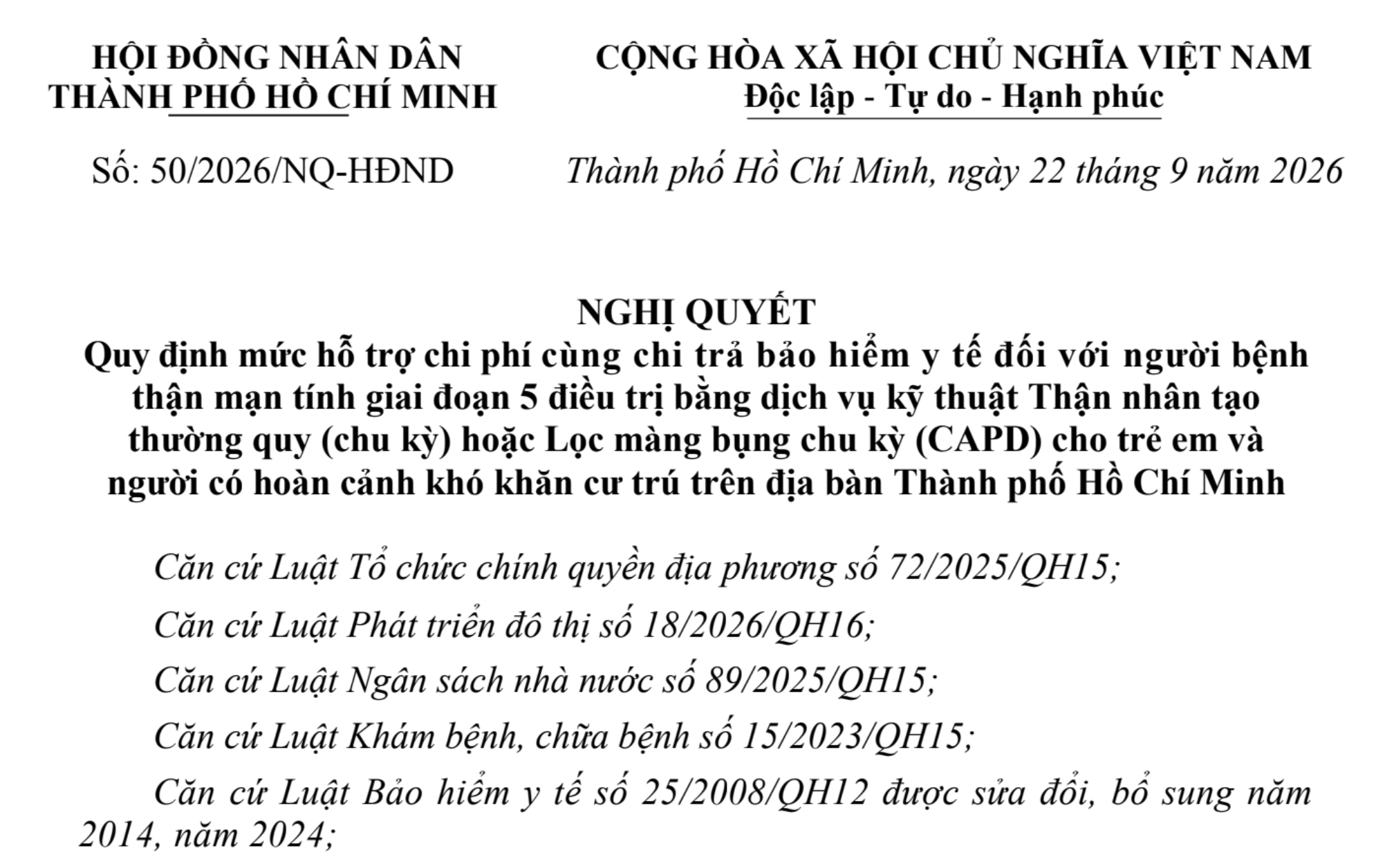 NQ 50/2026/NQ-HĐND Quy định mức hỗ trợ chi phí cùng chi trả BHYT đối với người bệnh thận mạn giai đoạn 5