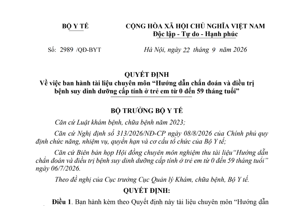 QUYẾT ĐỊNH  Về việc ban hành tài liệu chuyên môn “Hướng dẫn chẩn đoán và điều trị bệnh suy dinh dưỡng cấp tính ở trẻ em từ 0 đến 59 tháng tuổi”
