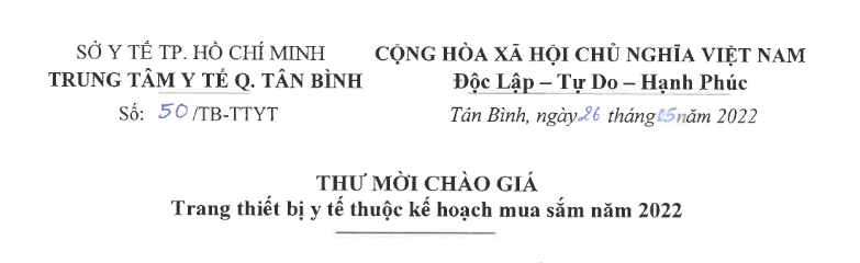 THƯ MỜI CHÀO GIÁ TRANG THIẾT BỊ Y TẾ THUỘC KẾ HOẠCH MUA SẮM NĂM 2022