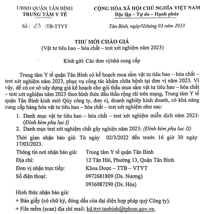 Thư mời chào giá (vật tư tiêu hao - hoá chất -test xét nghiệm năm 2022)