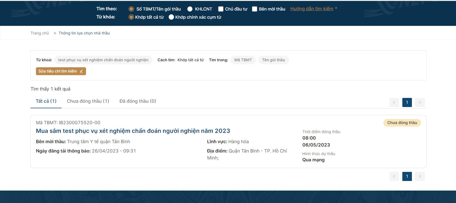 Thông báo đăng tải E-HSMT gói thầu mua sắm test phục vụ xét nghiệm chẩn đoán người nghiện năm 2023