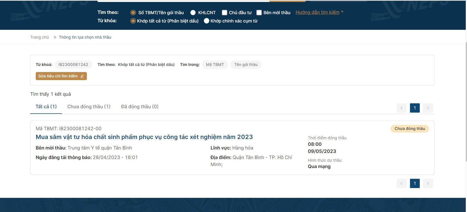 Thông báo đăng tải E-HSMT gói thầu mua sắm vật tư hóa chất sinh phẩm phục vụ công tác xét nghiệm năm 2023