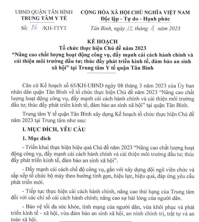 Kế hoạch tổ chức thực hiện chủ đề năm 2023 "Nâng cao chất lượng hoạt động công vụ, đẩy mạnh cải cách hành chính và cải thiện môi trường đầu tư; thúc đẩy phát triển kinh tế, đảm bảo an sinh xã hội" tại Trung tâm Y tế quận Tân Bình
