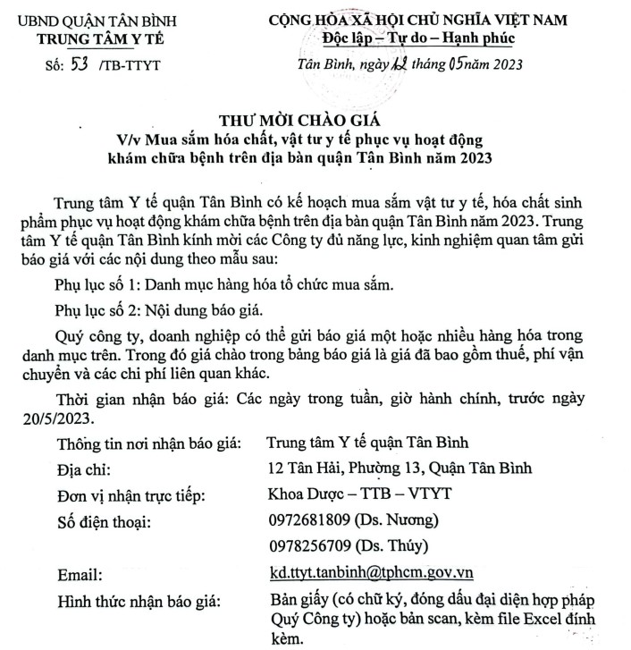 Thư mời chào giá V/v mua sắm hoá chất, vật tư y tế phục vụ hoạt động khám chữa bệnh trên địa bàn quận Tân Bình năm 2023