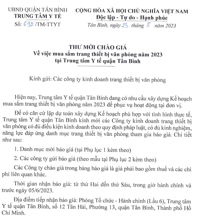 Thư mời chào giá về việc mua sắm trang thiết bị văn phòng năm 2023