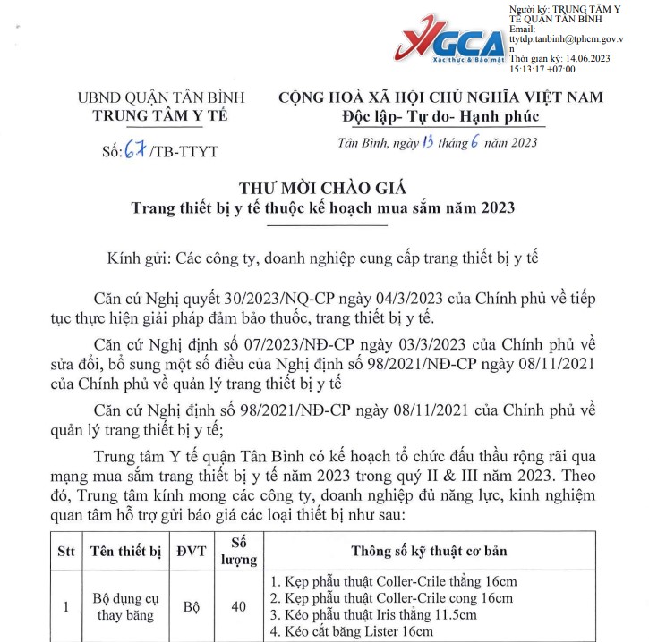 Thư mời chào giá Trang thiết bị y tế thuộc kế hoạch mua sắm năm 2023