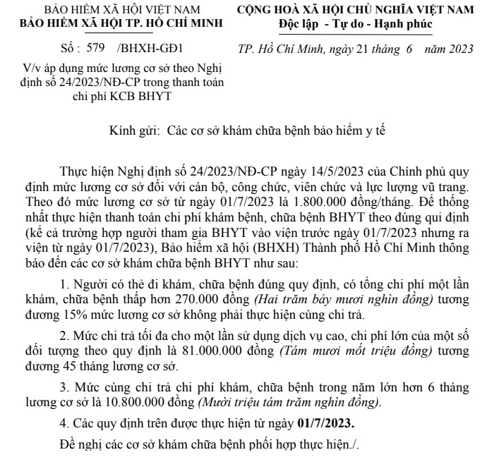 Áp dụng mức lương cơ sở theo NĐ 24/2023/NĐ-CP trong thanh toán chi phí KCB BHYT