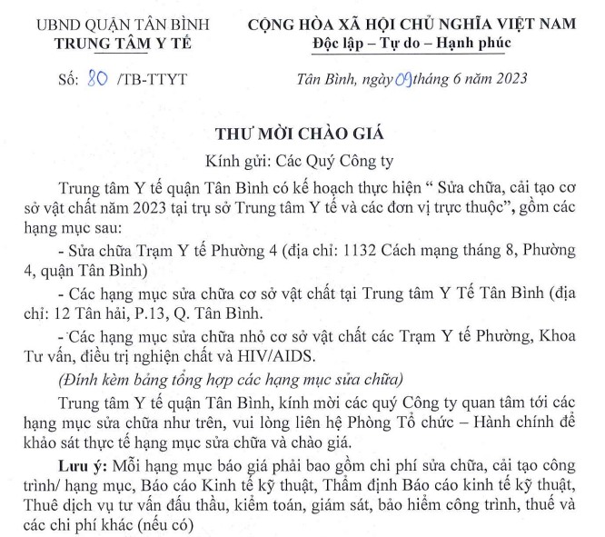 Thư mời chào giá "sửa chữa, cải tạo cơ sở vật chất năm 2023 tại Trụ sở Trung tâm Y tế và các đơn vị trực thuộc"
