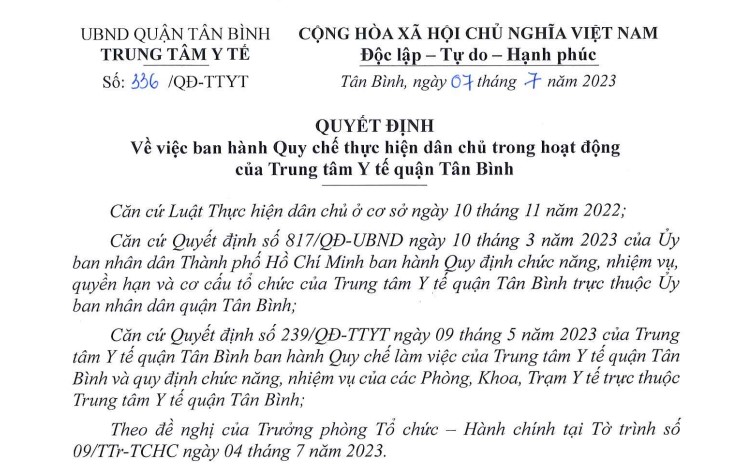 Quyết định về việc ban hành Quy chế thực hiện dân chủ trong hoạt động của Trung tâm Y tế quận Tân Bình