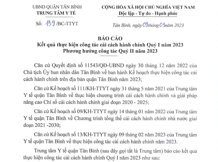 Báo cáo kết quả thực hiện công tác cải cách hành chính Quý I/2023, phương hướng công tác Quý II/2023