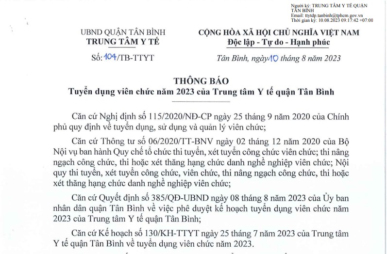Thông báo tuyển dụng viên chức Trung tâm Y tế quận Tân Bình năm 2023
