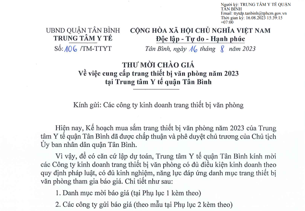 Thư mời chào giá về việc cung cấp trang thiết bị văn phòng năm 2023