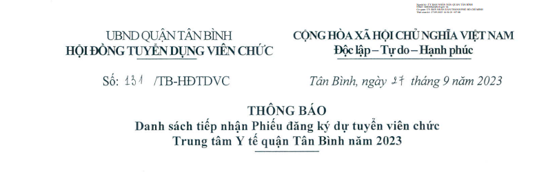 Thông báo danh sách tiếp nhận Phiếu đăng ký dự tuyển viên chức Trung tâm Y tế quận Tân Bình năm 2023