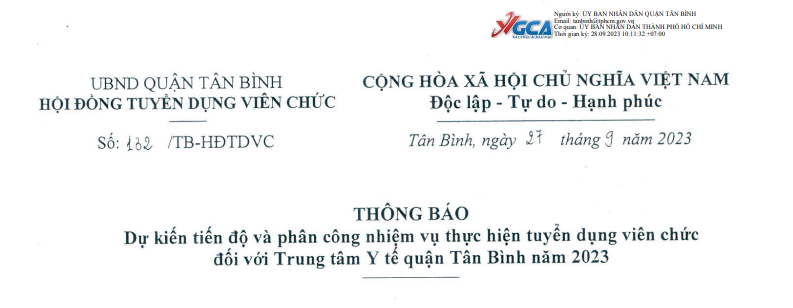 Thông báo dự kiến tiến độ và phân công nhiệm vụ thực hiện tuyển dụng viên chức đối với Trung tâm Y tế quận Tân Bình năm 2023