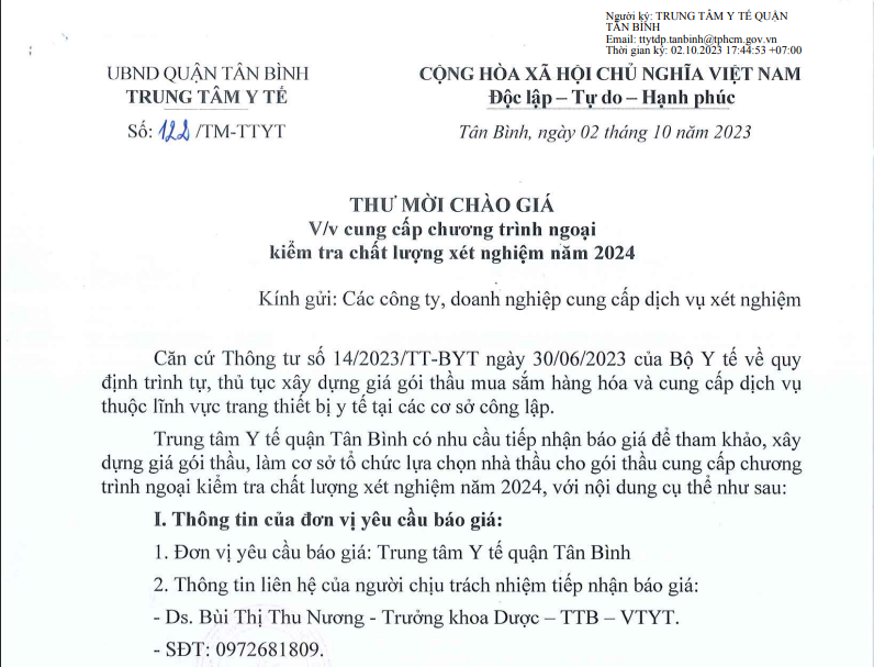 Thư mời chào giá V/v cung cấp chương trình ngoại kiểm tra chất lượng xét nghiệm năm 2024