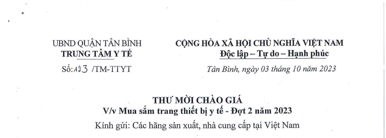 Thư mời chào giá V/v mua sắm trang thiết bị y tế - Đợt 2 năm 2023